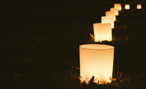 A row of candles on grass