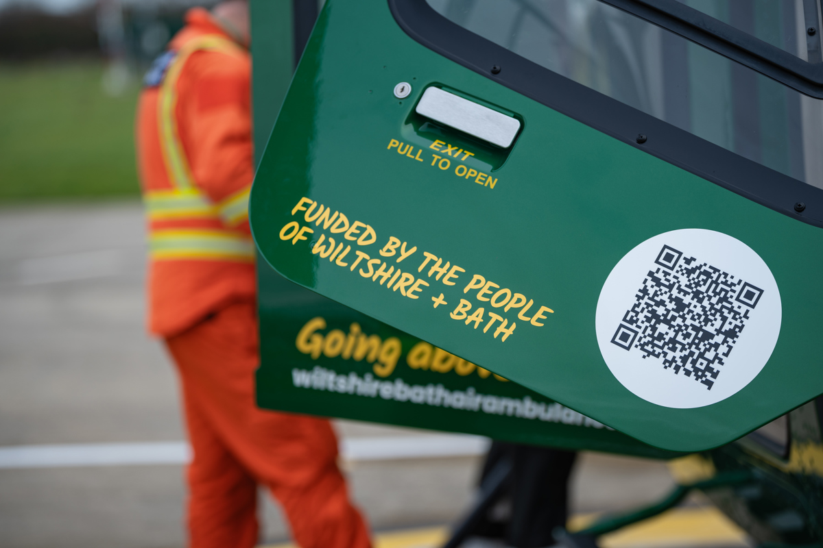 Funded by the people of Wiltshire + Bath phrase on a helicopter door