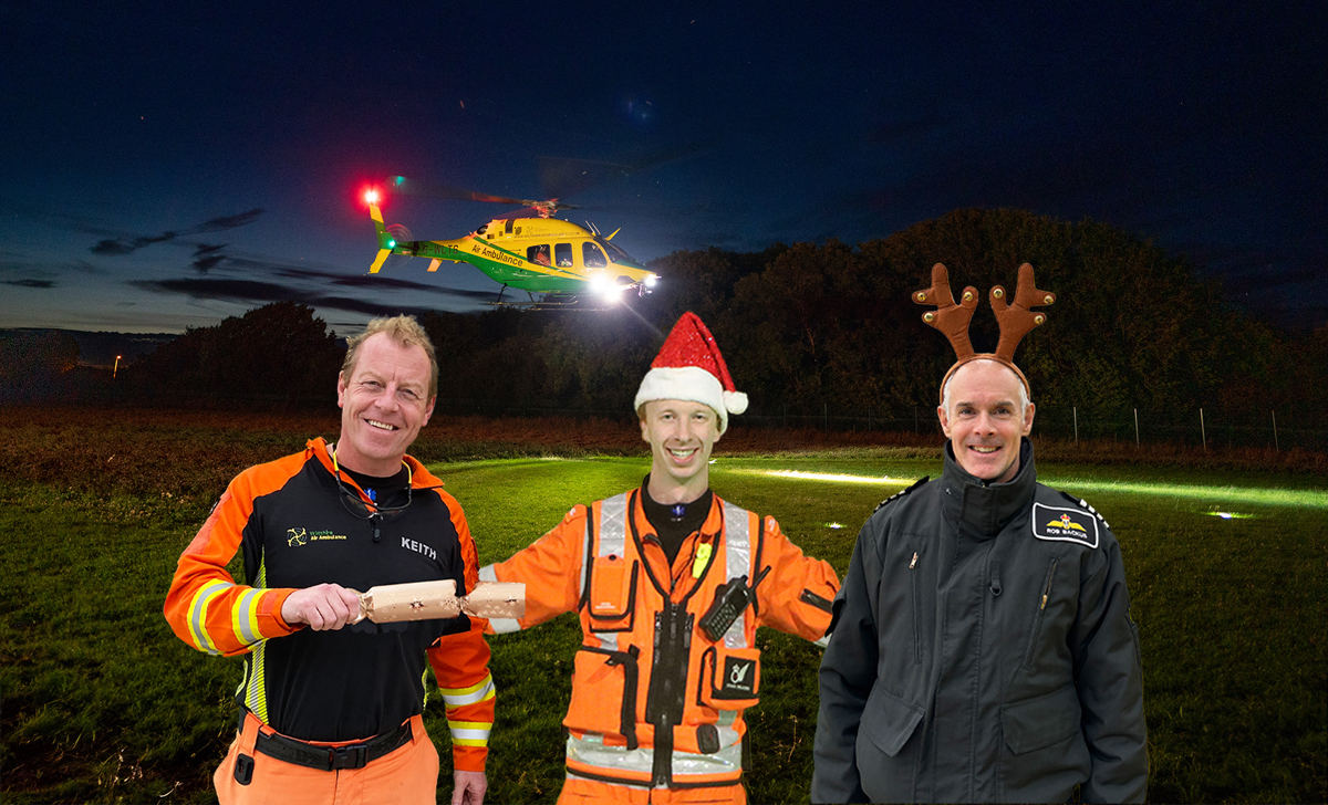 A photoshopped photo of two paramedics and a pilot wearing christmas attire